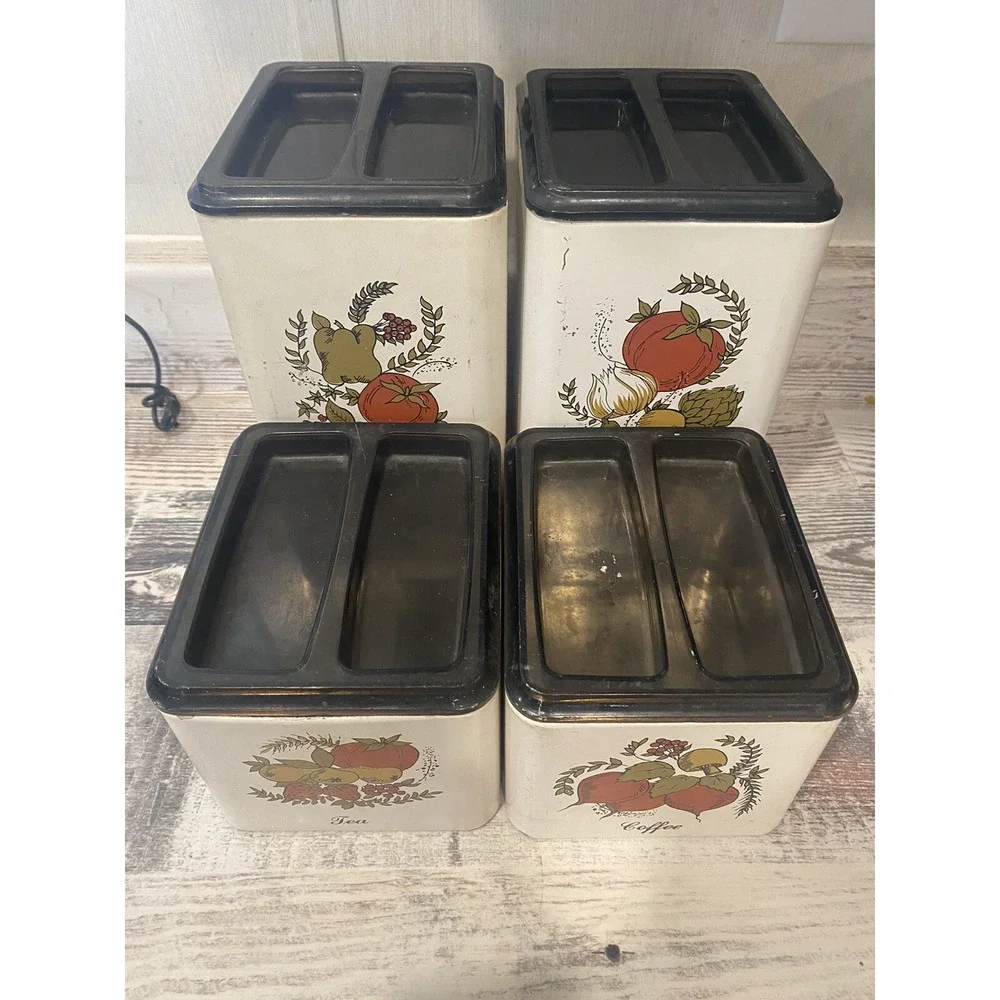 Vintage Kitchen Tin Canister Set Tea Coffee Flour Sugar Cream Brown 4pc